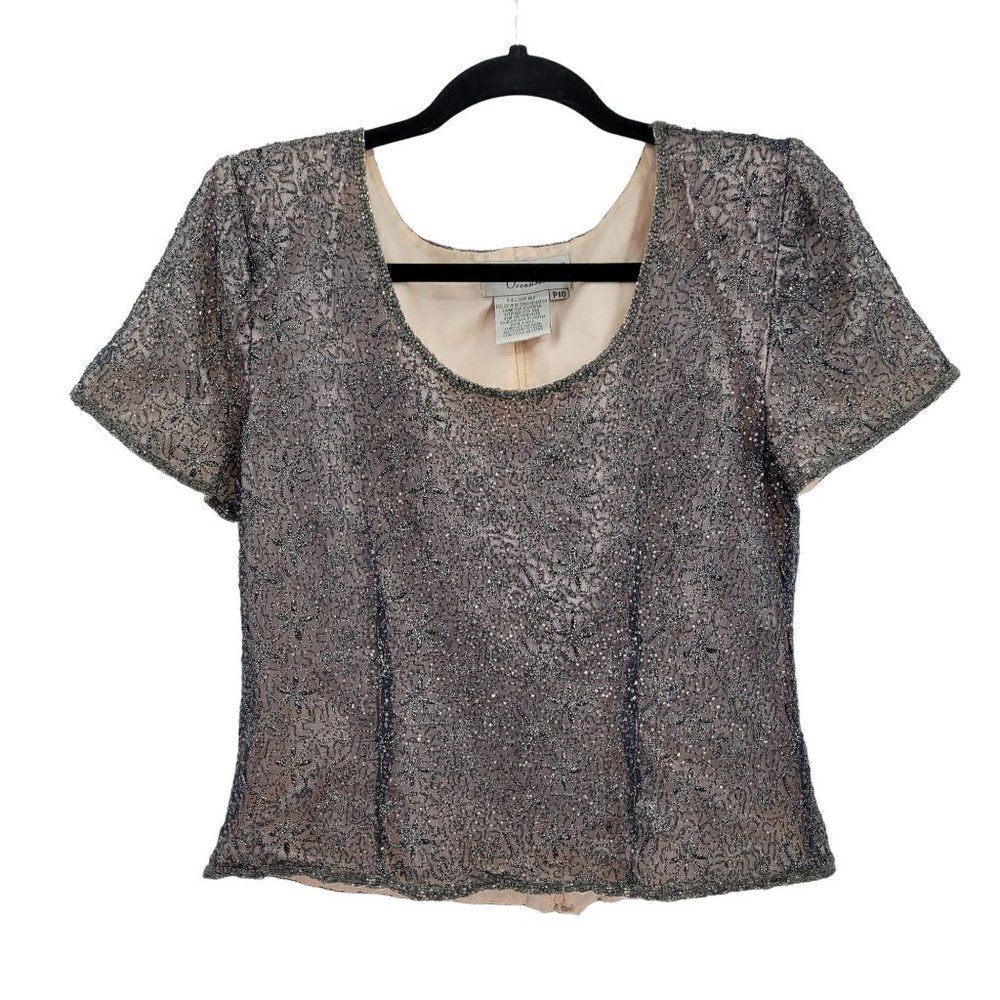 Vintage Adrianna‎ Papell Formal Silk Beaded Short Sleeve Blouse 10P Gray Overlay